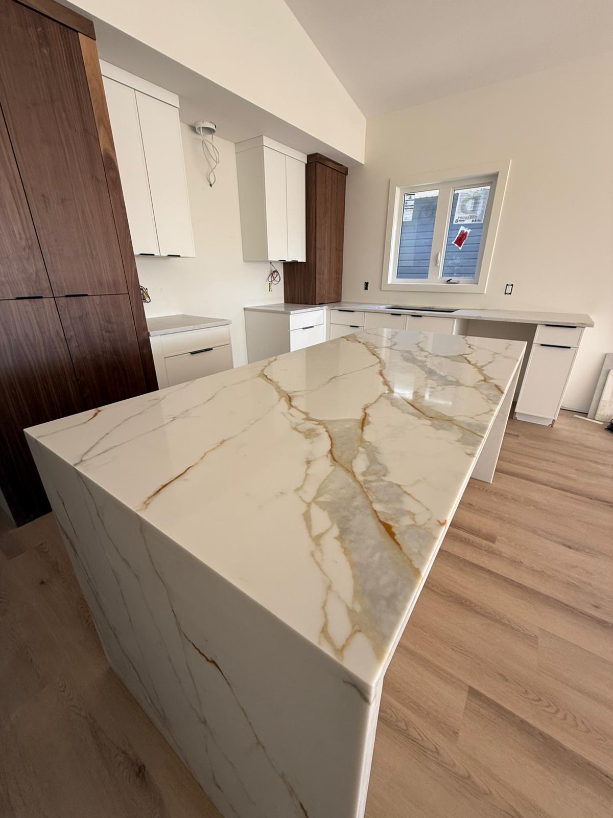Close-up of a stone kitchen island countertop