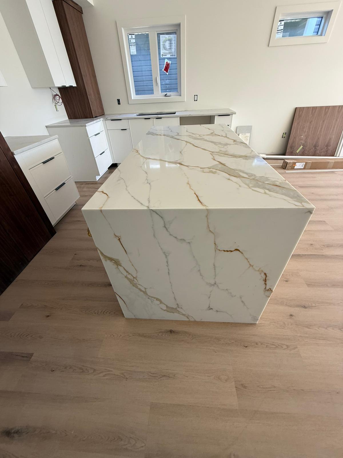 Side view of a stone kitchen island